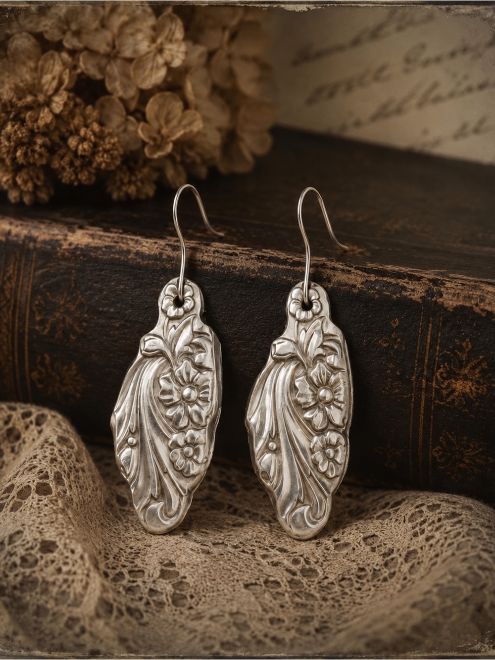 Handcrafted Floral Silver-Tone Drop Earrings
